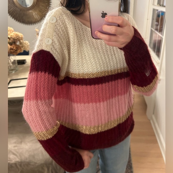 SEZANE open knit color block Tonia wool/ kid mohair boat neck sweater sz L - Picture 10 of 11